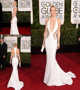 Vestidos de celebridades sexy de Kate Hudson 2015 72º Globo de Ouro Awards White Mermaid Cetin Vestidos de noite sem costas Vestido de tapete vermelho C9400331