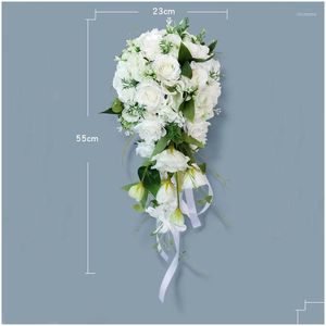 Çiçekler Beyaz Gelin Buketleri Yapay Gül Tutucu 2023 Damla Teslimat Partisi Etkinlikleri Dhj4t