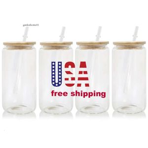 CA USA Depo Satıcısı 16oz Boş Boş Süblimasyon Soda Şekilli Bardaklar Bira Cam Buzlu Kahve için Bambu Kapağı ile Can 0430