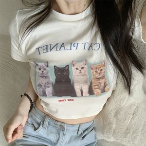 Güzel kedi baskı üst kadınlar yaz seksi tshirt kadın kısa kollu oneck tee for femme sıska temel kıyafetler 240426