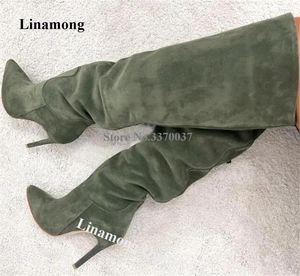 Bot Linamong Ordusu Yeşil Bej Süoz Diz Yüksek İnce Topuk Seksi Sinlu Ayak Parçası Slip-On Stiletto Uzun Büyük Boyut