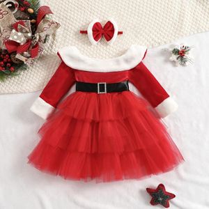 Kız Elbiseler Mababy 1-7y Noel Kırmızı Elbise Uzun Kollu Tül Tutu Partisi Yıl için Noel Kostümleri D01