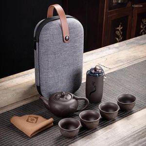 TeAware Setleri Mor Kil Kung Fu Teapot 230ml Çin Porselen Yixing Zisha Çay Pot 4 Bardak Seyahat Kupası El Yapımı Set