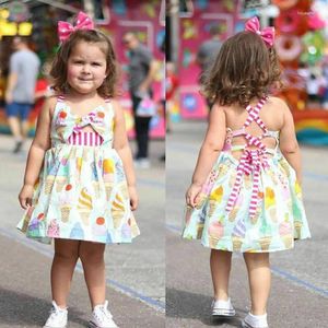 Платья для девочек, летнее детское платье с принтом, модное детское платье на слинге с бантом, мороженое, пончик, динозавр, повседневное пляжное платье, туника