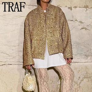 TRAF Куртка Oversize с блестками Женская укороченная твидовая куртка для женщин Роскошные золотые куртки-бомберы с длинными рукавами Old Money Осенняя куртка 240127