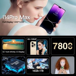 Yepyeni I14 Pro Max Android Mobil Akıllı Telefon 5G Telefon Orijinal 2023 Tam Ekran 6.7 inç 16GB+1 TB sürümü Global Cep Telefonu