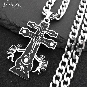 Kolye Kolyeleri Katolik Inri Caravaca Cross Crucifix Cherub Angel Angelle Kadınlar Erkekler Paslanmaz Çelik Ortodoks Rusya Takı N9612S05