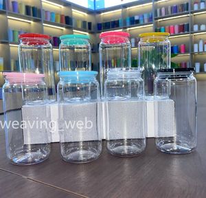 Пластиковый стакан на 16 унций с разноцветными крышками. Акриловая пластиковая банка Libbey с соломинкой для виниловой УФ-наклейки DTF. Летняя посуда для напитков. Чашки для питья Mason Jar.