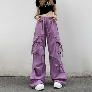 Calças femininas Tigena estilo americano carga mulheres 2024 verão solto reto harem rua cinto cintura alta feminina calças roxas