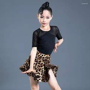 Sahne Giyim Kızlar Leopard Latin Elbise Balık kuyruğu Kostümü Salsa Tango Rumba Balo Salonu Dans Top 2 Parçalı Set Dans Kazanları