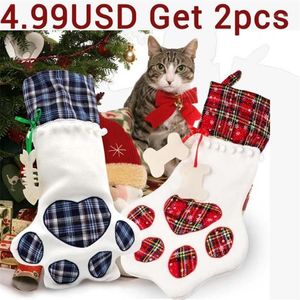 Рождественские чулки, подарочный пакет, декор на Новый год 2020, клетчатые рождественские подарочные пакеты, чулки для домашних животных, носки, подвесная подвеска на рождественскую елку1286B