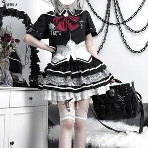 İş elbiseleri harajuku gotik punk kız elbise dantel yorgun kek etekler kısa kollu bowtie ince gömlek üstleri blazer ceket kıyafetleri afc2079