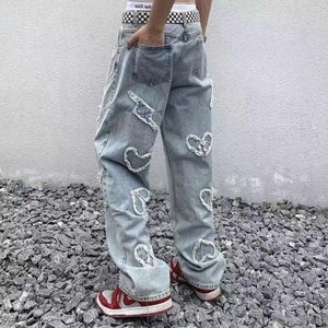 Erkekler kot y2k retro yıkanmış eski aşk deseni yama çiğ kenar gevşek geniş bacak pantolonlar joggers erkekler pantolonlar hip hop sokak kıyafetleri