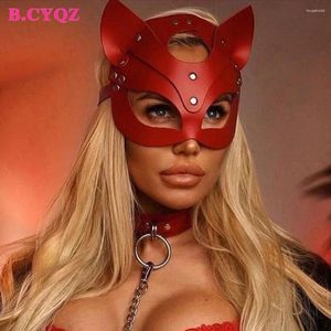 Parti Malzemeleri BDSM Kırmızı Maske Seksi Yüzü Kapak Esaret Yetişkin Oyunu Kadınlar PU Deri Koşum Kedi Fetiş Kostümleri Cadılar Bayramı Cosplay Oyuncaklar