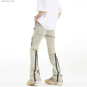 Erkek Kot Vintage Street Giyim Sarı Çamur Kargo Mikro Parlamış Pantolonlar Erkek Firarlı Tulumlar Düz Bacak Pantolonları Geri Zip Yukarı İnce Boynuzlar Q240202