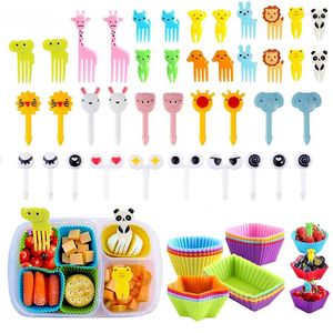 Forks Mini Hayvan Karikatür Yemek Seçilmiş Çocuk Snack Cake Tatlı Meyve Çatal Muffin Cup Square Şekli Silikon Öğle Yemeği Kutusu Dispenser