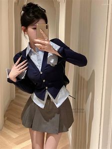 Conjuntos de roupas Estilo Preppy 2024 Primavera Mulheres Coreano JK Uniforme Set Manga Longa Marinha Mock Camisa de Duas Peças Top Jaqueta Uma Linha Saia Terno Menina