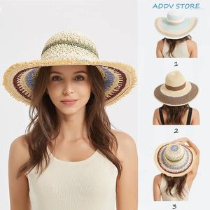 Geniş Memlu Şapkalar Leydi İlkbahar/Yaz Çok Renkli Kağıt Halat Kapağı UPF50 Plaj Şapkası Tatil Güneşi ile Büyük Panama Güneş