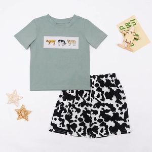 Giyim Setleri Çocuk Kıyafetleri Bebek Erkek Giysileri Set İnek Nakışları Büzgü Yürümeye Başlayan Köpek Koyu Çocuklar T-Shirt 1-8T Günlük Giyim Bebe