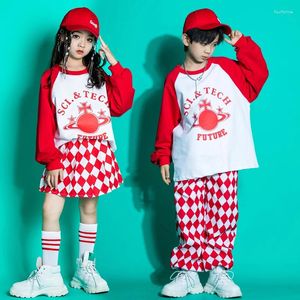 Sahne Giyim Çocuklar Genç Gösteri Hip Hop Giyim Kırmızı Gömlek Üstler Damalı Jazmers Pantolon Kız Boy Caz Dans Kostümleri Sokak Giysileri