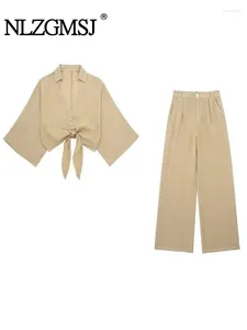 Женские брюки из двух предметов Nlzgmsj TRAF, женские модные льняные рубашки с завязками, 2 комплекта, длинные брючные женские костюмы, праздничные костюмы
