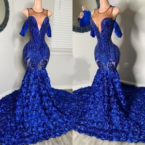 Kraliyet Mavi Balo Siyah Kızlar İçin Elbiseler Kristal Sequin Deniz Kızı Parti Gowns Kısa Kollu Gece Elbisesi Vestidos de Festa