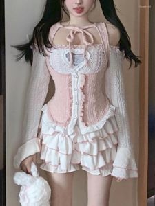 İş elbiseleri Sonbahar Kawaii 3 Parça Set Kadınlar Hollow Out Tasarımcı Tatlı Etek Kadın Japon Prenses Kek Sevimli Takım 2024