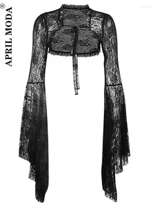 Kadın Ceketleri Kadın Siyah Dantel Omuz silkme Bolero Kısa Parlama Kollu Kırpılmış Ceket Düğün Akşam Balo Gotik Kostümler Estetik Üstler