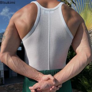 Erkek Tank Tops 2024 İlkbahar Yaz Sıraslı Yelek Tee Erkekler Beyaz Mürettebat Boyun Kolsuz Basic Ming Moda Sıska