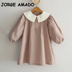 Vestidos da menina estilo coreano vestido de primavera para crianças meninas azul escuro rosa mangas compridas puff peter pan colarinho criança vestido bebê e4290