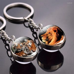 Dekoratif figürinler cam top hayvan anahtarlık kaplan kurt tilki aslan çift tarafı anahtar zinciri kara kedi at ve ay yüzüğü kolye anahtarlık