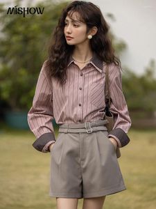 Kadınlar Blouses Mishow Gömlekleri Kadınlar için 2024 Bahar Vintage Çift Katmanlı Yakalı Çizgili Bluz Zarif Günlük Genç Kadın Tops