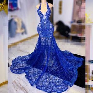 Black Girl için Sparkle Kraliyet Mavi Balo Elbiseleri 2024 Seksi sırtsız yular artı Beden Denizkızı Parti Gowns Vestidos de Festa