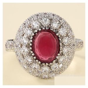 Обручальные кольца Великолепные женские овальные красные циркониевые обручальные кольца для женщин Роскошные микро-паве белого цвета с кристаллами Свадебные украшения Dhs5D