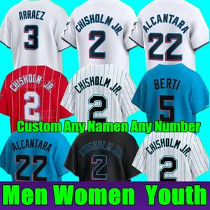 Yeni Özel S-4XL Caz Chisholm Jr. Jersey Sandy Alcantara Beyzbol Jon Berti Miamis Max Meyer Luis Arraez Jesus Sanchez Marlins Garcia Sanchez Josh Bell Erkek Kadın Gençlik