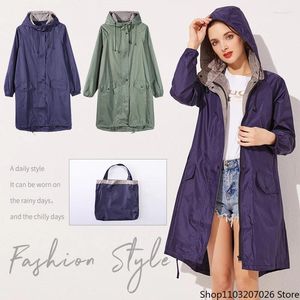 Yağmurluk kadınları şık uzun yağmurluk su geçirmez yağmur ceket ceketi, yürüyüş için kaputlu yürüyüş yapmak mavi yeşil renk