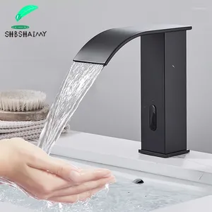 Banyo lavabo muslukları shbshaimy siyah akıllı sensör şelale havzası musluk otomatik soğuk su karıştırıcı vinç