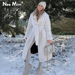 Lüks kış uzunluğunda paltolar kadınlar büyük boylu yaka kuşaklı sahte tavşan kürk ceket kadın artı boyutu dış giyim peluş kürk ceket 240124