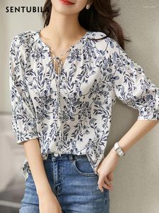 Kadınlar bluzları Sentubila Şifon Gömlekleri Yarım Kollu 2024 Yaz baskılı dantelli dış giyim Gevşek Vintage Zarif Ofis Lady 122v42117