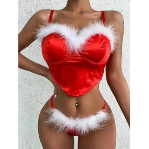 Bras Setleri Noel Erotik İçmeli Kostüm Kadınlar Seksi Festival Kırmızı Korse Tüy Trim Tanga S Seti G-String Panties iç çamaşırı takım elbise