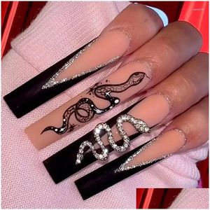 Накладные ногти 24 шт. черные накладные скошенные длинные французские змеиные узоры в художественном оформлении модные подвески для ногтей комплект Прямая доставка Hea Otaqi