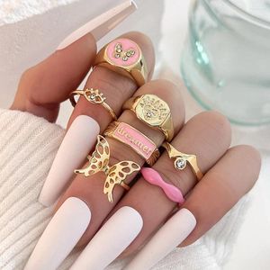 Кольца кластера, богемный набор колец с бабочками для женщин, розовая эмаль, сглаз, геометрический шарм, женские вечерние украшения на палец