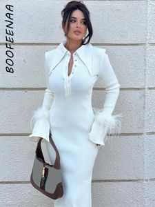 Günlük elbiseler boofeenaa beyaz örgü kazak elbise tüyleri uzun kollu vücutcccccccon kış moda kıyafetleri kadınlar için c95-gi47