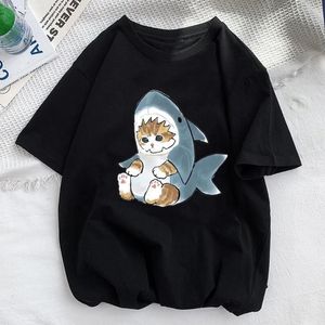 Kadın Tişörtleri Sevimli Köpekbalığı Kedi Hayvan Kadın Komik T-Shirt Kız Y2K Moda 90s Baskı Üstleri Tee Gril Siyah Beyaz Giysiler Damla Gemi