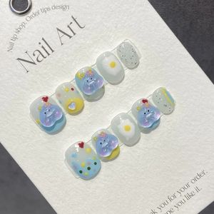 Ручная работа Kawaii Press on Nails Короткие синие японские 3d-дизайны Многоразовые клейкие накладные ногти Акриловый искусственный маникюр для девочек 240129