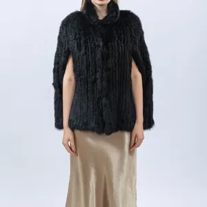 Eşarplar Gerçek Tavşan Kürk Örgü Şal Cape Stole Woman Luxury 2024 Sonbahar Kış Palto Parti Siyah Furry Cuff 23A0406