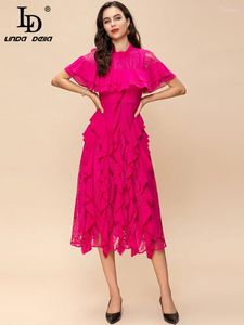 Sıradan elbiseler ld linda della moda tasarımcısı yaz elbisesi kadın o yaka kısa kolu fırfırlı içi boş patchwork dantel katı midi