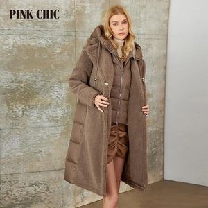 Casacos de Trench das Mulheres Rosa Chique 2024 Casaco de Inverno Mulheres Jaquetas Acolchoadas Pele Falso Com Capuz Versão Longa Parka Feminino W8263