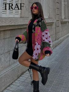 Женские куртки TRAF, женский утепленный стеганый кардиган с цветочным принтом, хлопковое пальто, винтажное 2024, с круглым вырезом, с открытым передом, осенняя уличная одежда для уличных прогулок
