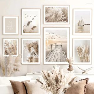 Resimler göl plaj manzara resim tuval boyama duvar sanatı bohemia bej çim çiçek kamış poster ve baskı ev oturma odası dekor
